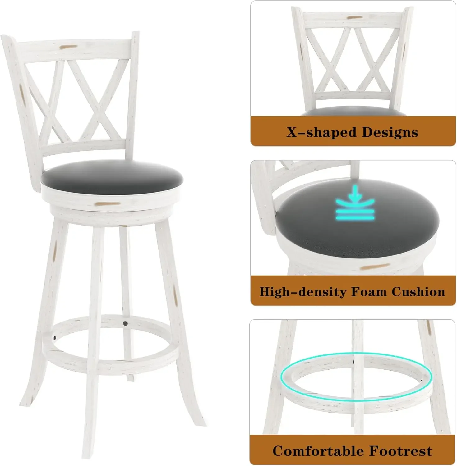 29" Bar Height Swivel Stools - High Back Swivel with Upholstered Seat & Solid Wood Footrest, Counter Bar Chairs for Kitchen Isla