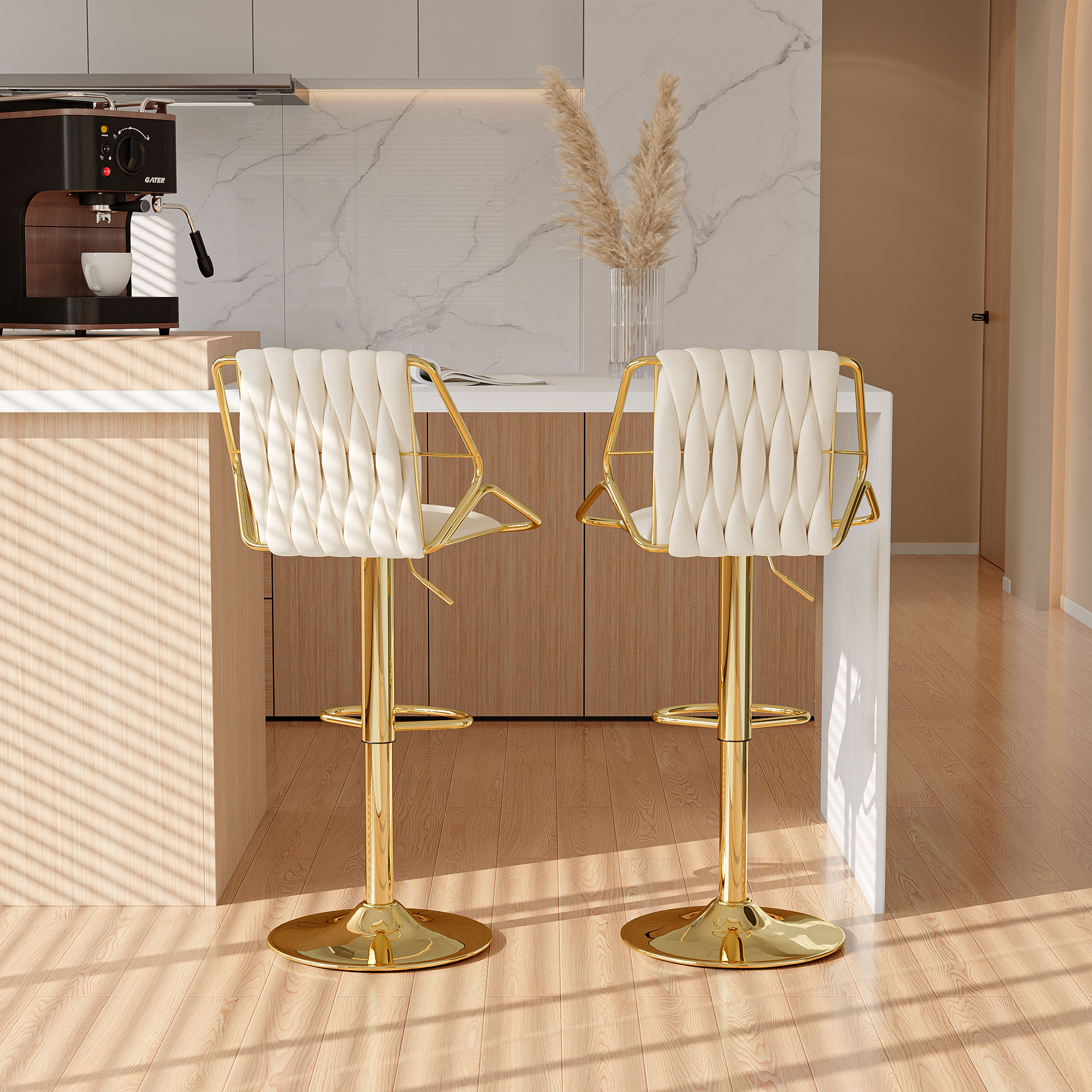 Sgabello da Bar moderno da 2 pezzi con schienale e gamba in metallo, sgabelli da Bar piccoli regolabili in altezza, sgabello da banco con motivo a squame di pesce in velluto