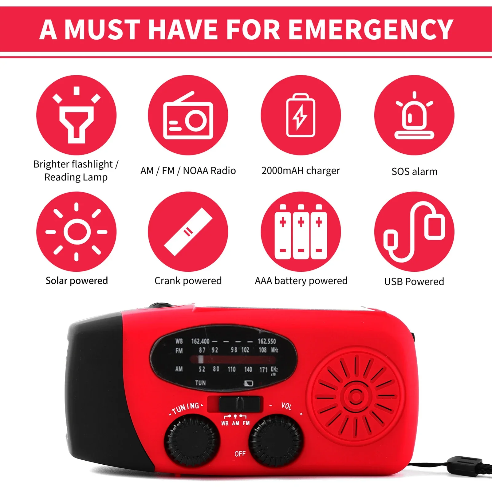Radio solaire multifonctionnelle alimentée par manivelle FM AM NOAA Radio météo 2000mAh lampe de poche LED d'urgence Dynamo à main BanK de puissance