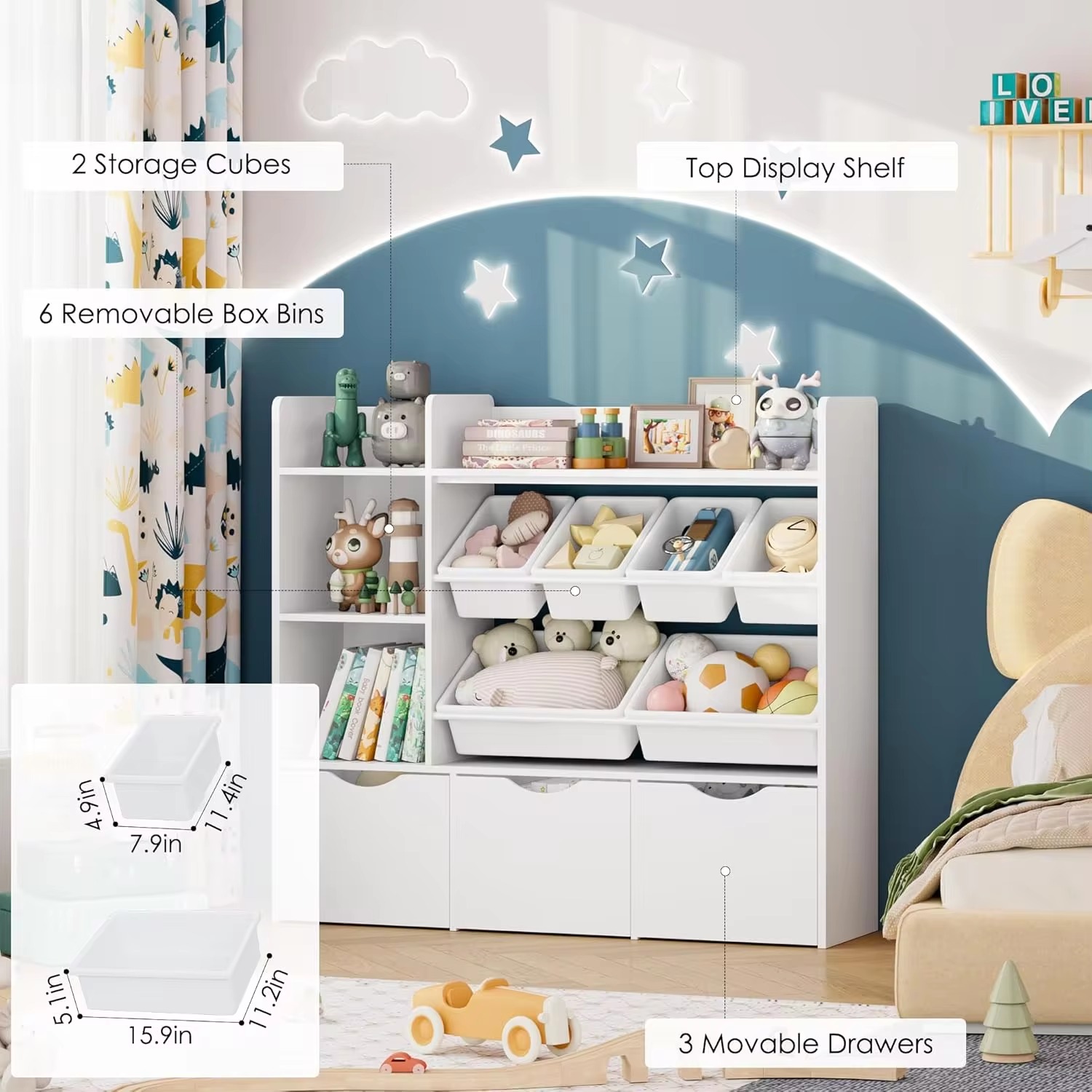 Toy Storage Organizer with 3 Drawers,Bookshelf and Bookcase with 6 Plastic Bins & 2 Storage Cubbies,Toy Storage Box for Playroom
