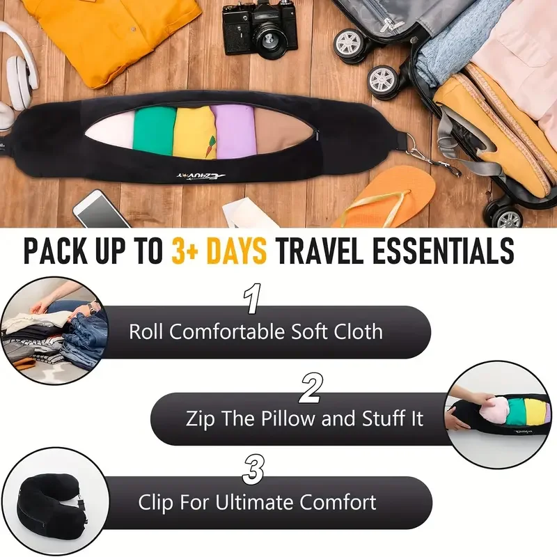 Almofada de pescoço de viagem em forma de U, capa de lã macia ajustável, pode ser preenchida com roupas para conforto