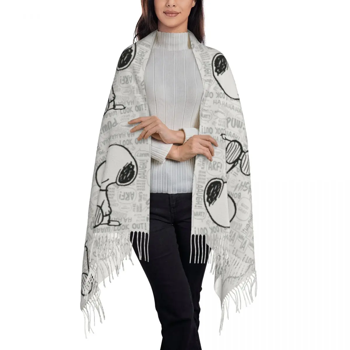 Bufanda con estampado personalizado de Snoopy en negro y blanco para hombre y mujer, bufandas cálidas para invierno y otoño, chal de maní