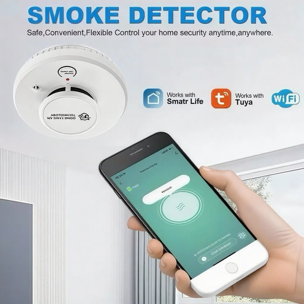 เครื่องตรวจจับควันและอุณหภูมิ DFA 2 in 1 ระบบ Tuya WiFi สำหรับเตือนภัยไฟไหม้ในบ้าน ห้องนอน โรงงาน และสำนักงาน