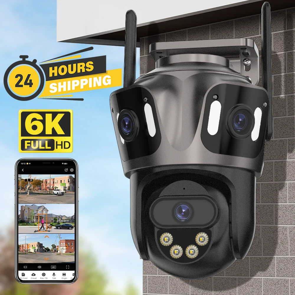 Telecamera PTZ esterna 6K HD Tre obiettivi Telecamera IP Wifi a tre schermi Monitoraggio AI Video sorveglianza impermeabile CCTV P2P iCsee
