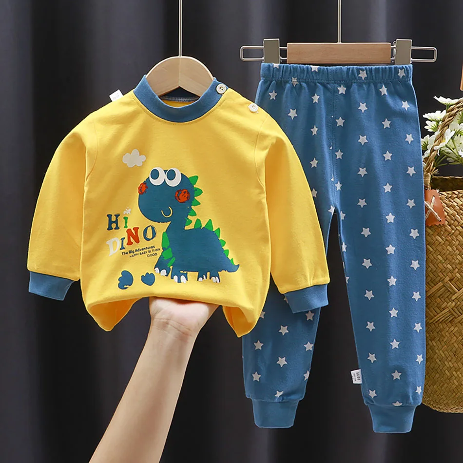 Cotton Kids Clothing Set Children Soft Autumn Long Sleeve Tops and Pants Outfit Pajamas Boy Girl Cartoon Dino Sleepwear Homewear