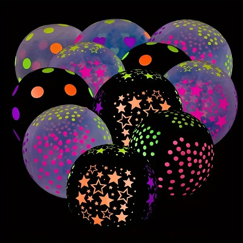 10 klare Latexballons, Neon, UV, Schwarzlicht, reaktive Sternballons, Sterne, Punkte, Geburtstagsparty-Dekorationen