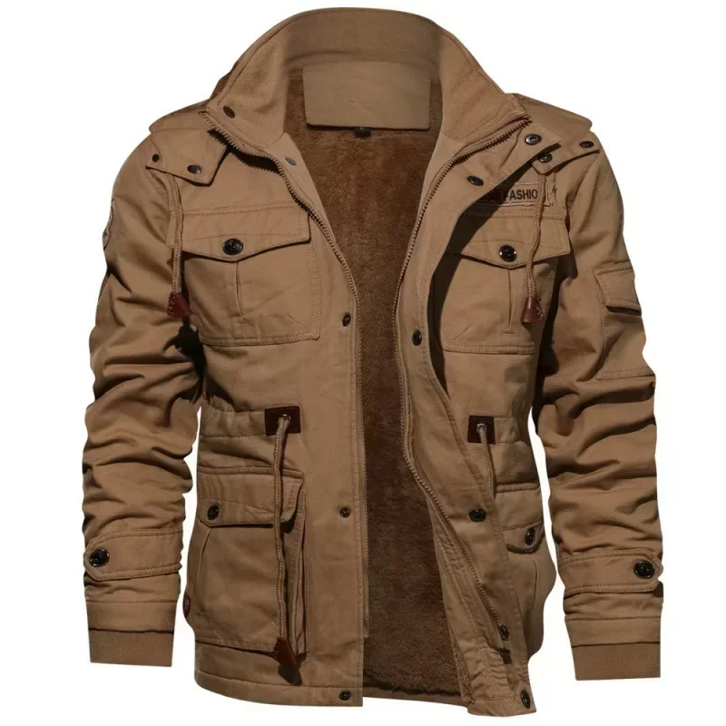 Men Fleece Fur Lined Thick Mid-Length Cotton Jacket Long Sleeve Autumn Winter Casual Jackets
