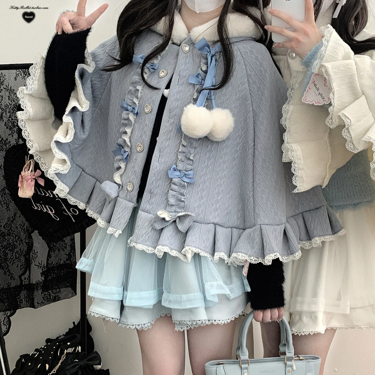 Capa con capucha de minas japonesas para mujer, Ponchos rosas con lazo y borde de encaje de un solo pecho, Ponchos rosas para niña, capas para mujer, novedad de invierno 2024