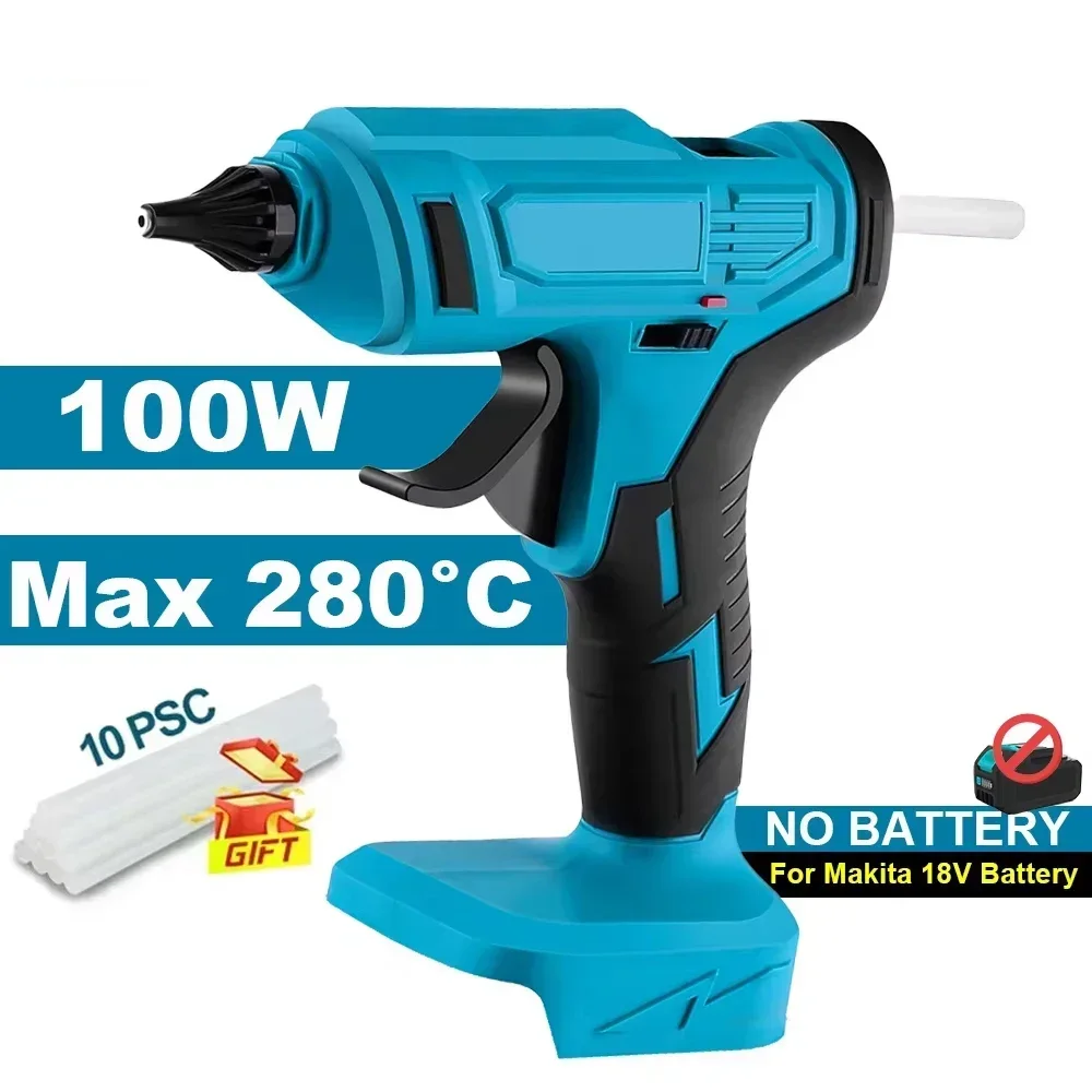 Wiederaufladbare 100 W tragbare Heißklebepistole 280 ° C mit 10x 11mm Sticks, DIY-Reparaturwerkzeug, kompatibel mit 18-V-Batterien von Makita