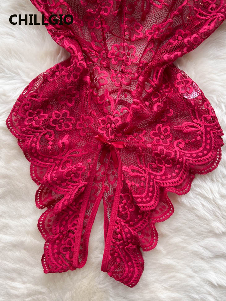 CHILLGIO Sexy Floral Lace Strappy Rompers Mulheres Transparente Erótico Apertado Combinação Catsuits Clube One Piece Backless Bodysuits