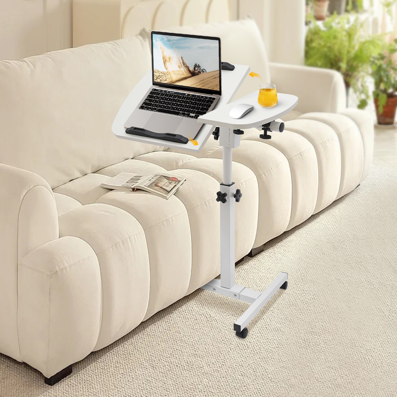 White MDF Carbon Steel Adjustable Laptop Desk Stand Bedside Desk Stand With 360° Swivel Wheels With Brake Function For Bedroom