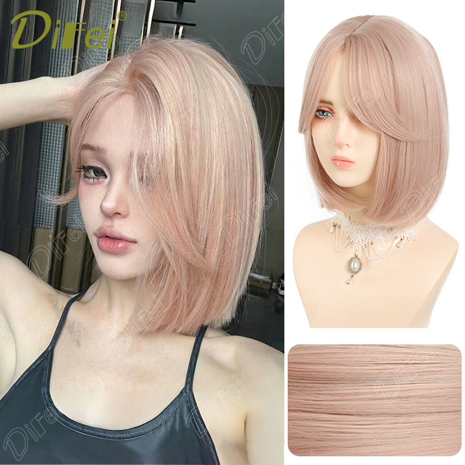 DIFEI-女性用合成かつら,ショート,ゴールド,パウダー,夏のバービー,スプリットバン,ジョーカー,フルヘッド