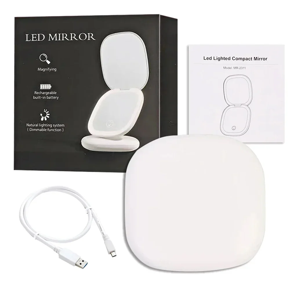 Espelho de maquiagem para viagem iluminado por LED recarregável 1x/5x ampliação 3 cores claras e brilho espelho compacto portátil regulável