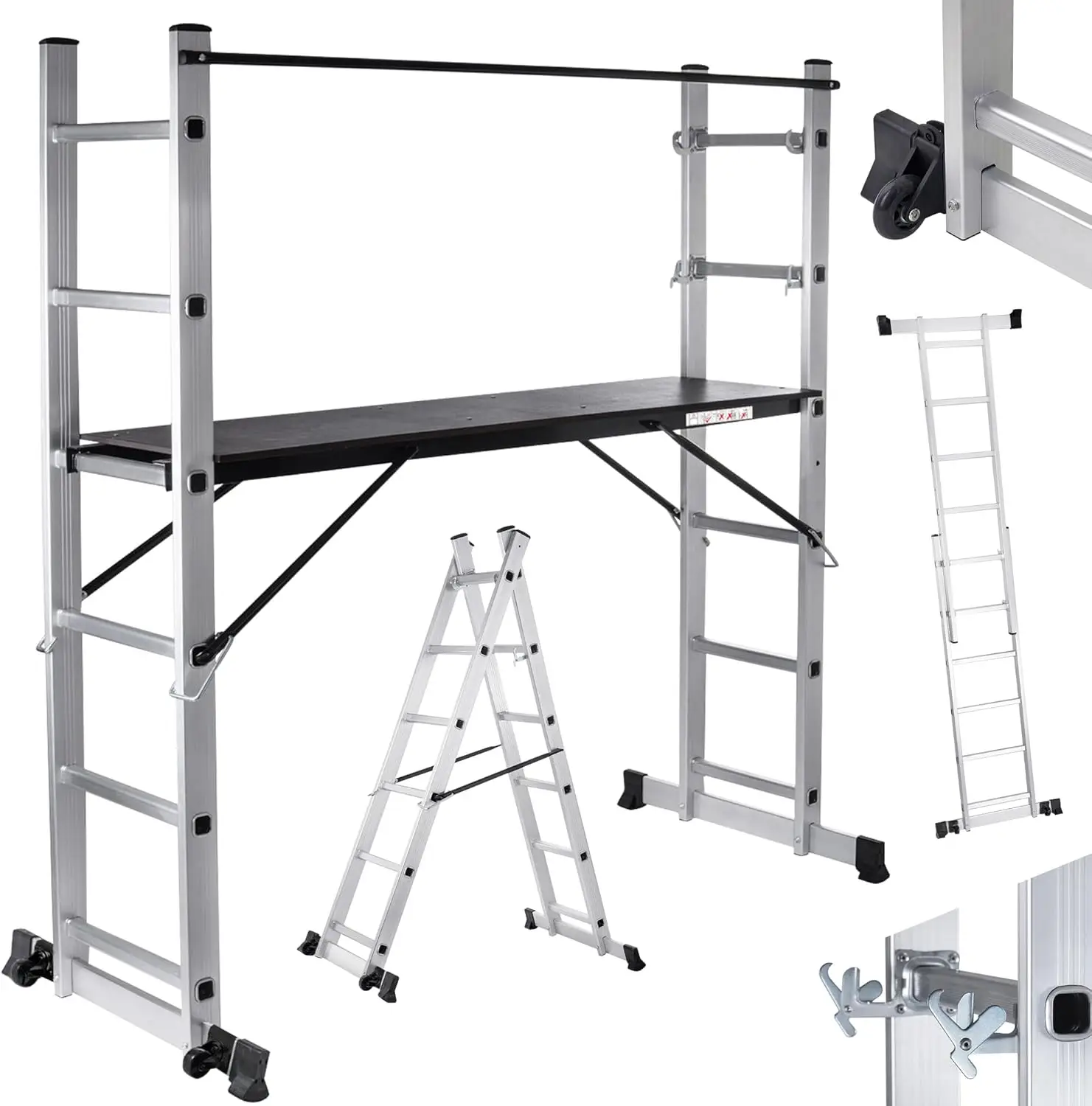 Plataforma de Trabajo Multipropósito Escalerilla Escalera Combinación de Aluminio y Andamio con Ruedas Peldaños Escala Plegable