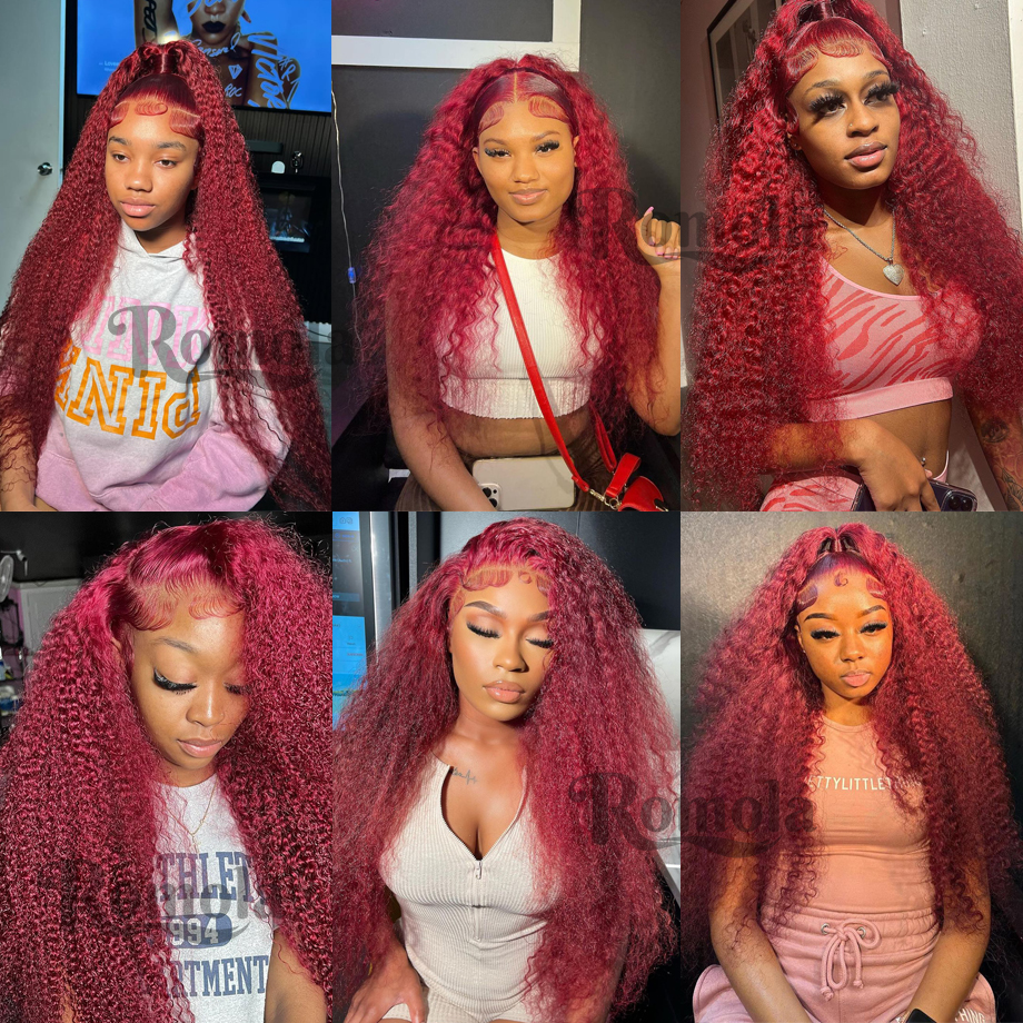 Peluca de cabello humano con encaje Frontal para mujer, Pelo Rizado de onda profunda, color borgoña, rojo 99j, 30 pulgadas, 13x6 Hd