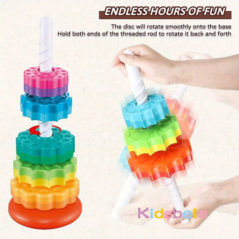 เด็ก Rainbow Spinning Stacking ของเล่น Spin ของเล่นเพื่อการศึกษา Montessori และสี Rainbow Design แหวน Stacker ของเล่นเด็ก