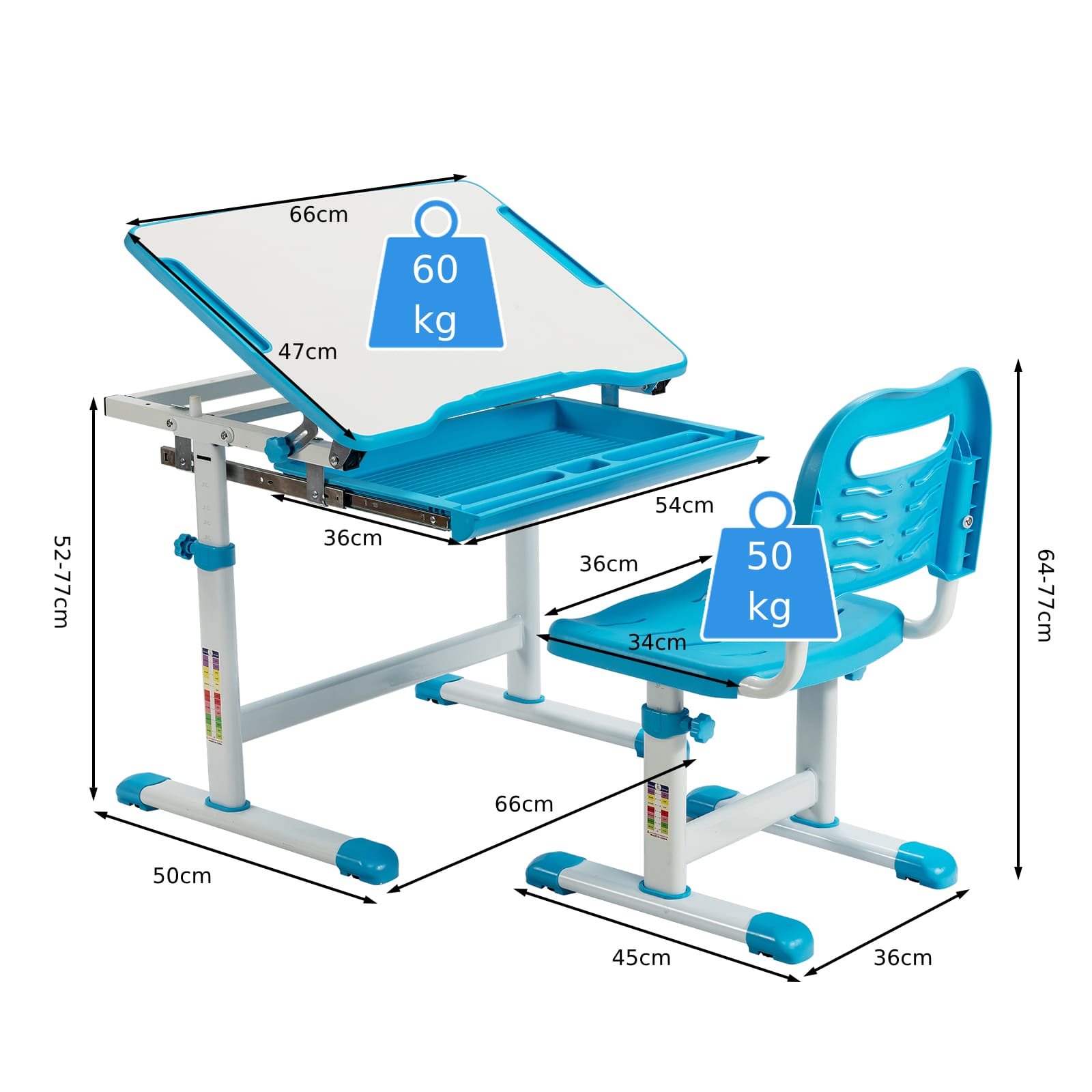 GOFLAME Kids Desk & Chair Set, Height Adjustable Study Table with Tilting Tabletop, Large Pull-out Drawer & Metal Hook