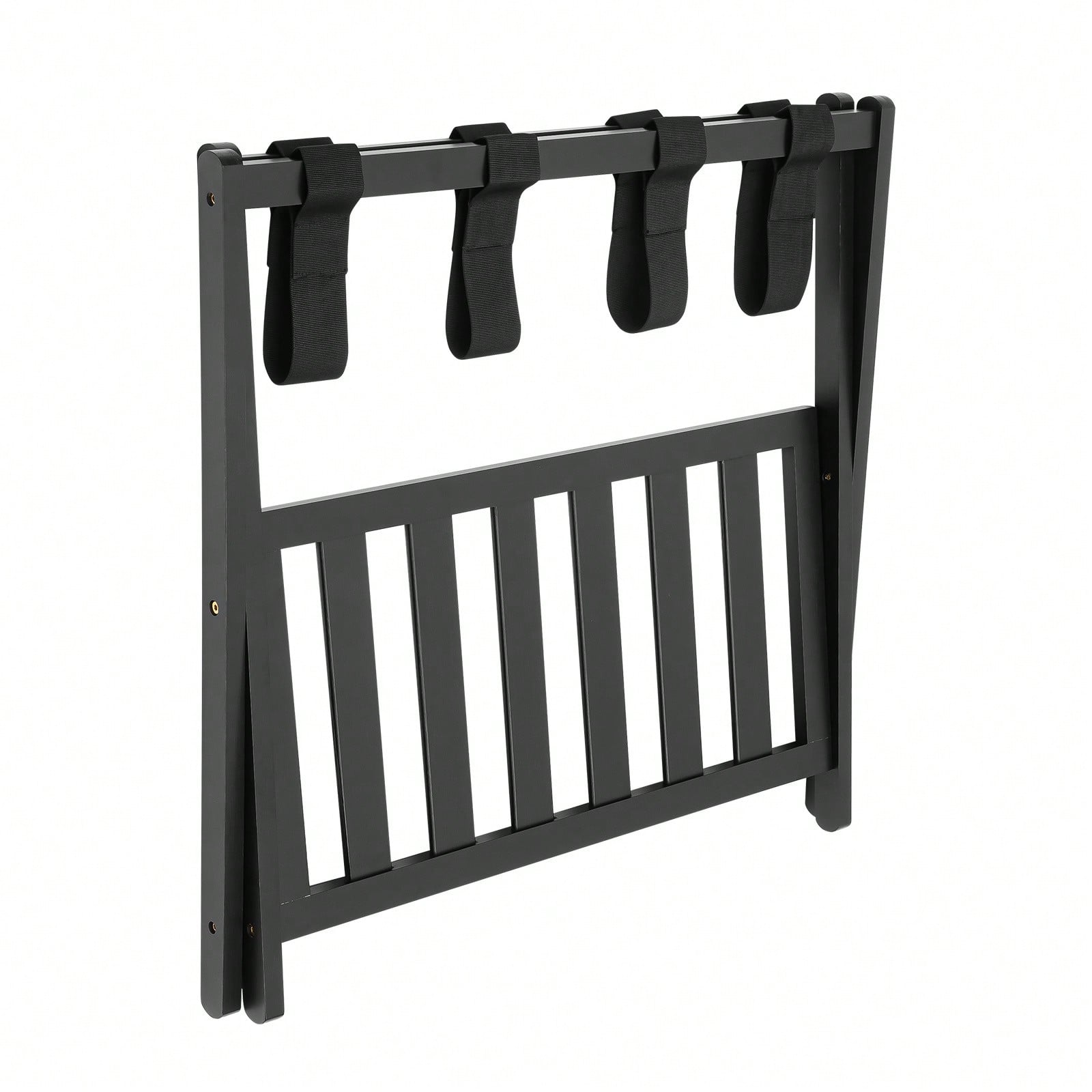 Portapacchi nero, supporto per valigia pieghevole in bambù aggiornato con 4 cinghie in nylon, portapacchi con ripiano per camera da letto dell'hotel