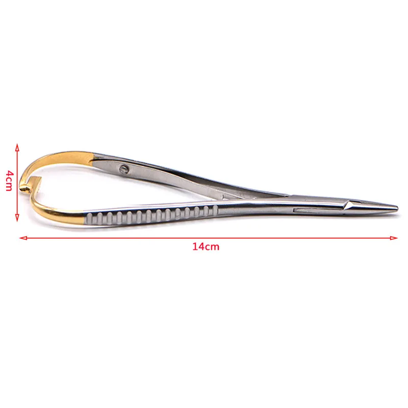 ทันตกรรมตรงหัวเข็มผู้ถือคีมโค้งทองชุบสแตนเลสจัดฟัน Plier เครื่องมือผ่าตัด