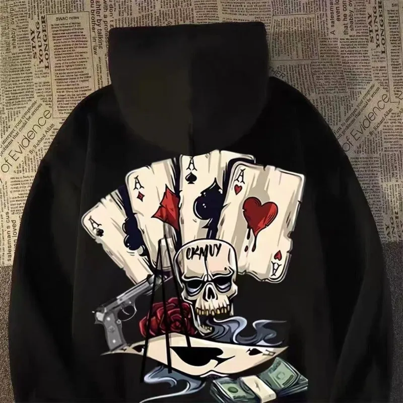 【M-8XL sudaderas con capucha】otoño hombres Sudadera con capucha sudadera de gran tamaño moda suelta esqueleto estampado de póker ropa de pareja de manga larga