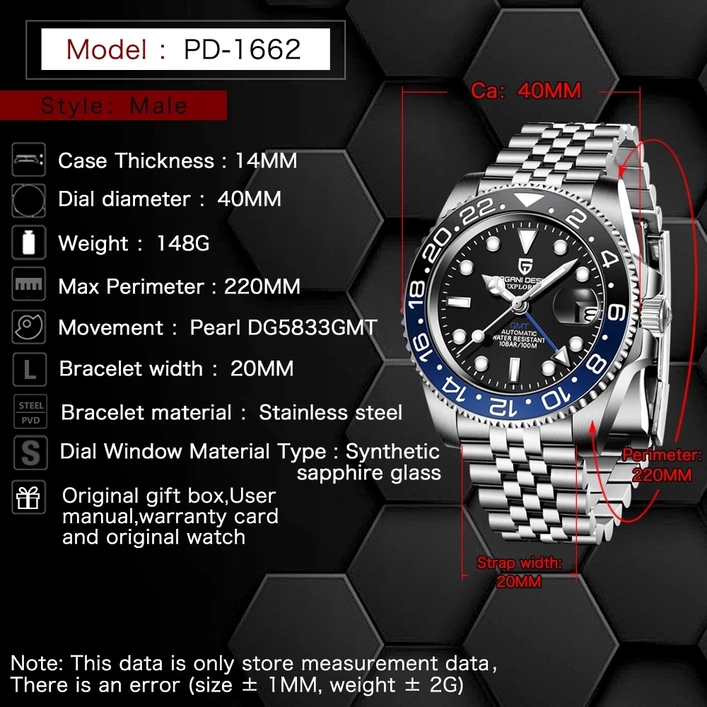 PAGANI DESIGN 40 mm Keramik GMT Automatikuhr Herren mechanische Uhr Saphirglas 100 m wasserdicht Herren mechanische Uhr