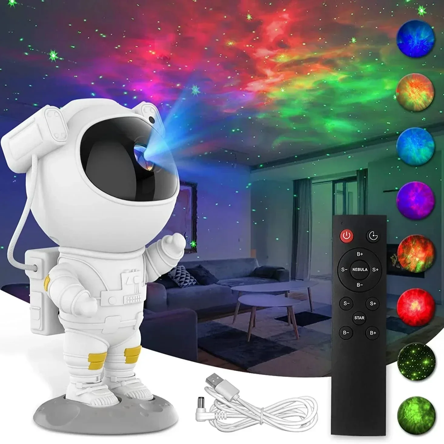 Spaceman-Projektionslampe, siebenfarbige Nachtlichtprojektion mit 8 Sternprojektor-Fernbedienungen mit freier Wirkung für das Schlafzimmer im Innenbereich