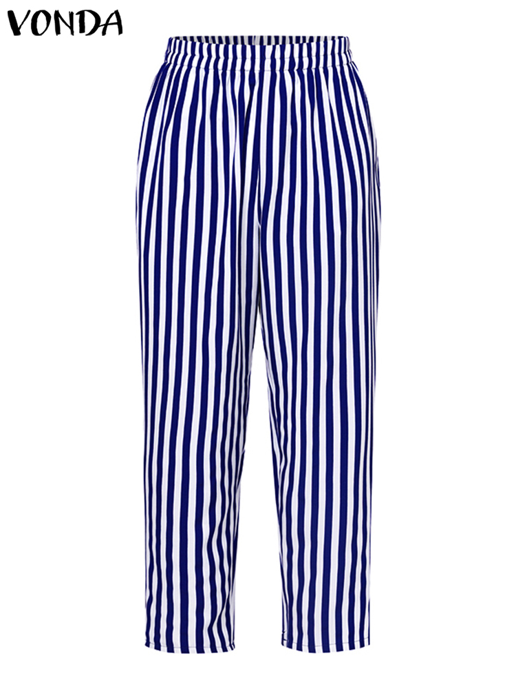 VONDA Plus Größe 5XL Böhmische Frauen Gestreifte Hose Sets 2024 Herbst Sets Casual Langarm Gedruckt Vintage Tops und Breite Bein Hosen