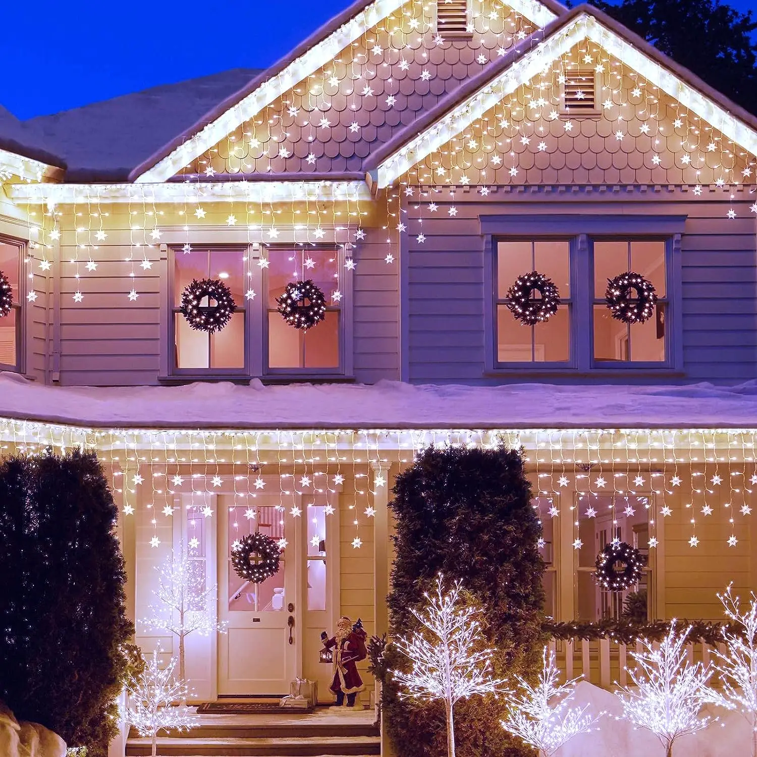 防水屋外LEDアイスキャンデーカーテン,フェアリーライト,クリスマスデコレーション,家の花輪,雪片,2025