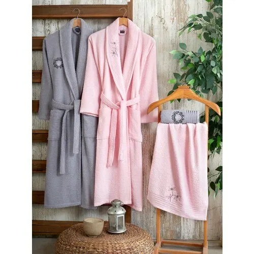 Set Jubah Mandi Bordir 100 Katun 4 Potong, Keluarga, Rusia, Prancis, Eropa, Handuk, Handuk Wajah, Set Pancuran, Set Kamar Mandi Wanita