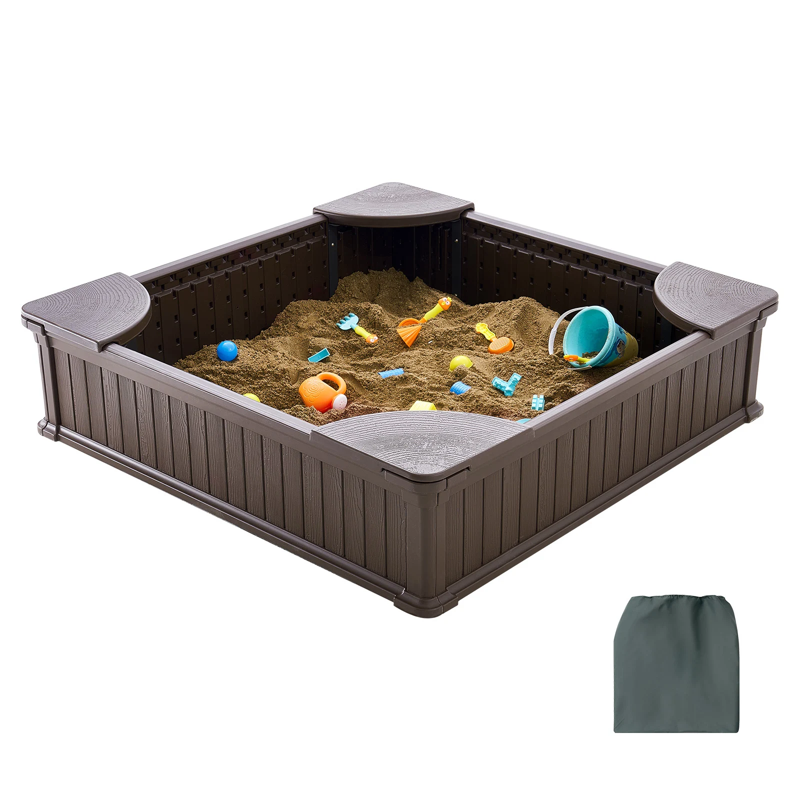 SucceBuy Sandbox con coperchio nella scatola di sabbia quadrata con 4 sedute angolari e rivestimento inferiore Sandbox per bambini per esterni per bambini