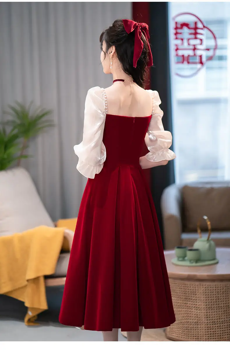ワインレッドの高級サマードレス、小さな夏のスカート、トーストドレス、花嫁のために、毎日の婚約ドレスに着用、2021