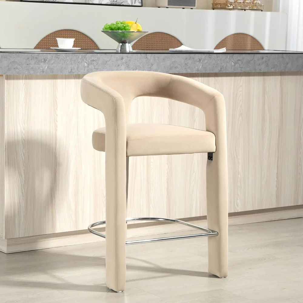 Counter Height Bar Stools Set of 1 - Velvet Upholstered Bar Chairs with Metal Footrest and Open Back