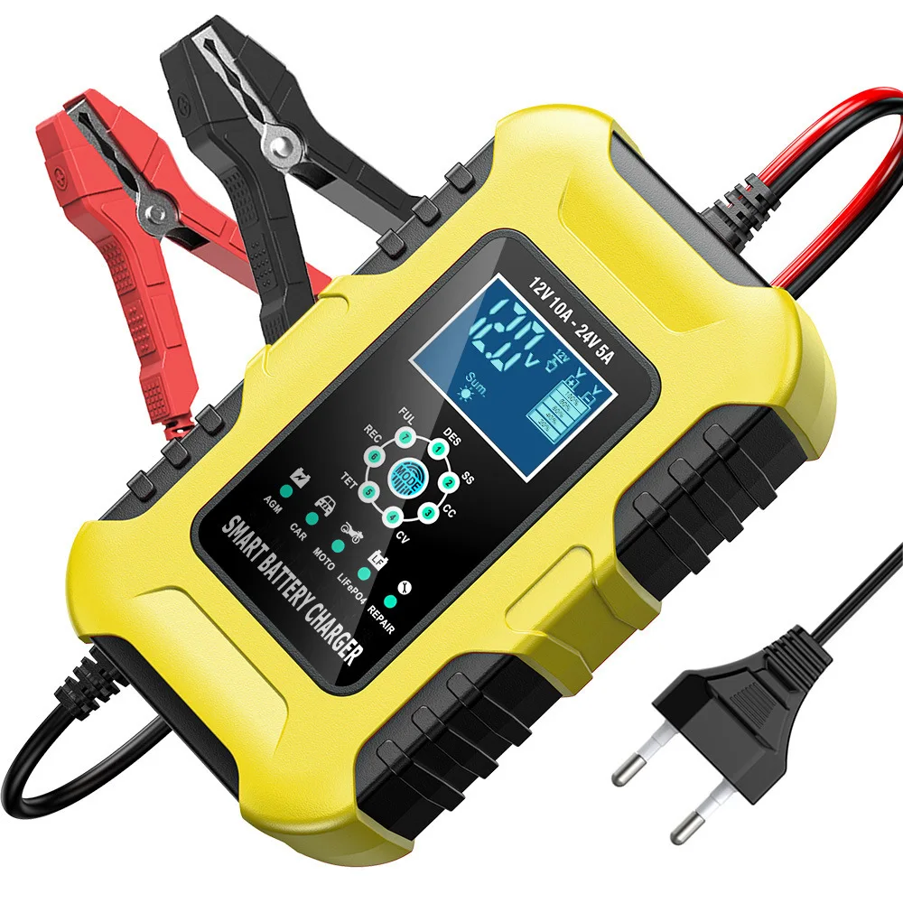 Foxsur carregadores de bateria de carro 12v/10a 24v/5a totalmente automático agm molhado inteligente carregadores de bateria mantenedor carregadores de bateria portáteis