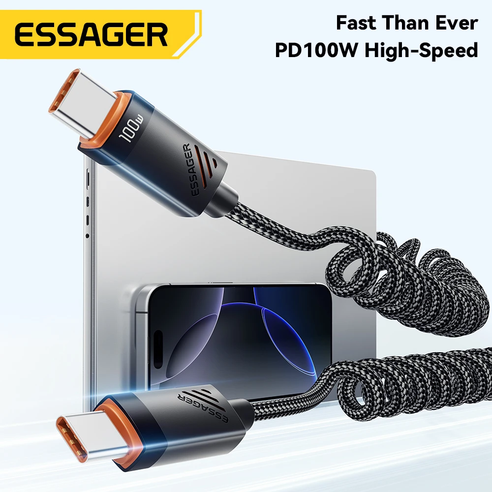 Essager Auto-Feder-Typ-C-Kabel für iPhone 16 1514 Xiaomi Samsung 100 W PD Schnellladung für MacBook iPad Typ C auf Typ-C-Kabel