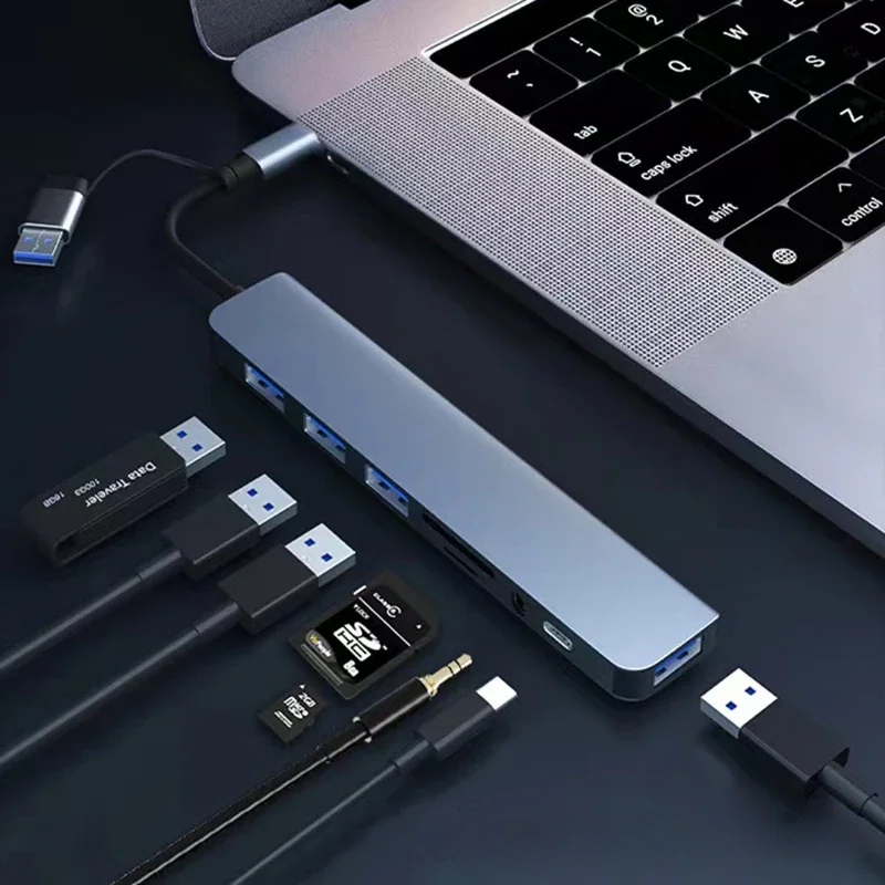 Estación de acoplamiento Hub USB tipo C 8 en 1 con conector de Audio de 3,5mm lector de tarjetas Micro SD para ordenador portátil tableta convertidor de disco de teléfono