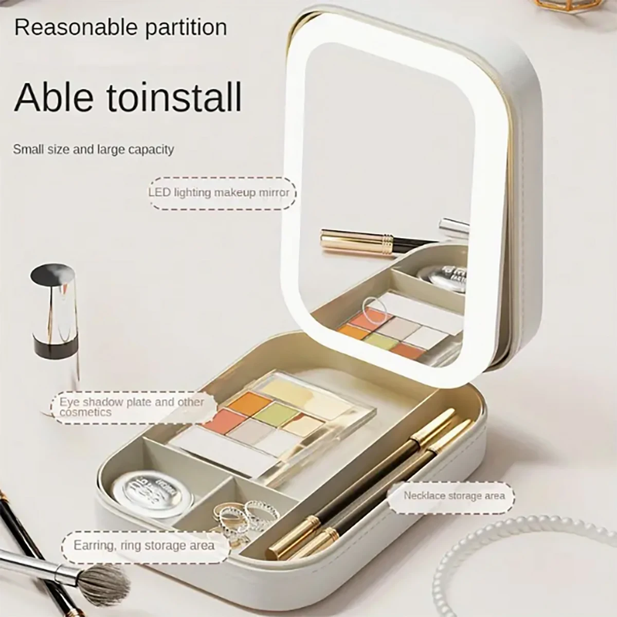 1PC Adjustable separated cosmetic case with built-in mirror, portable cosmetic storage bag and beauty tool accessory box.