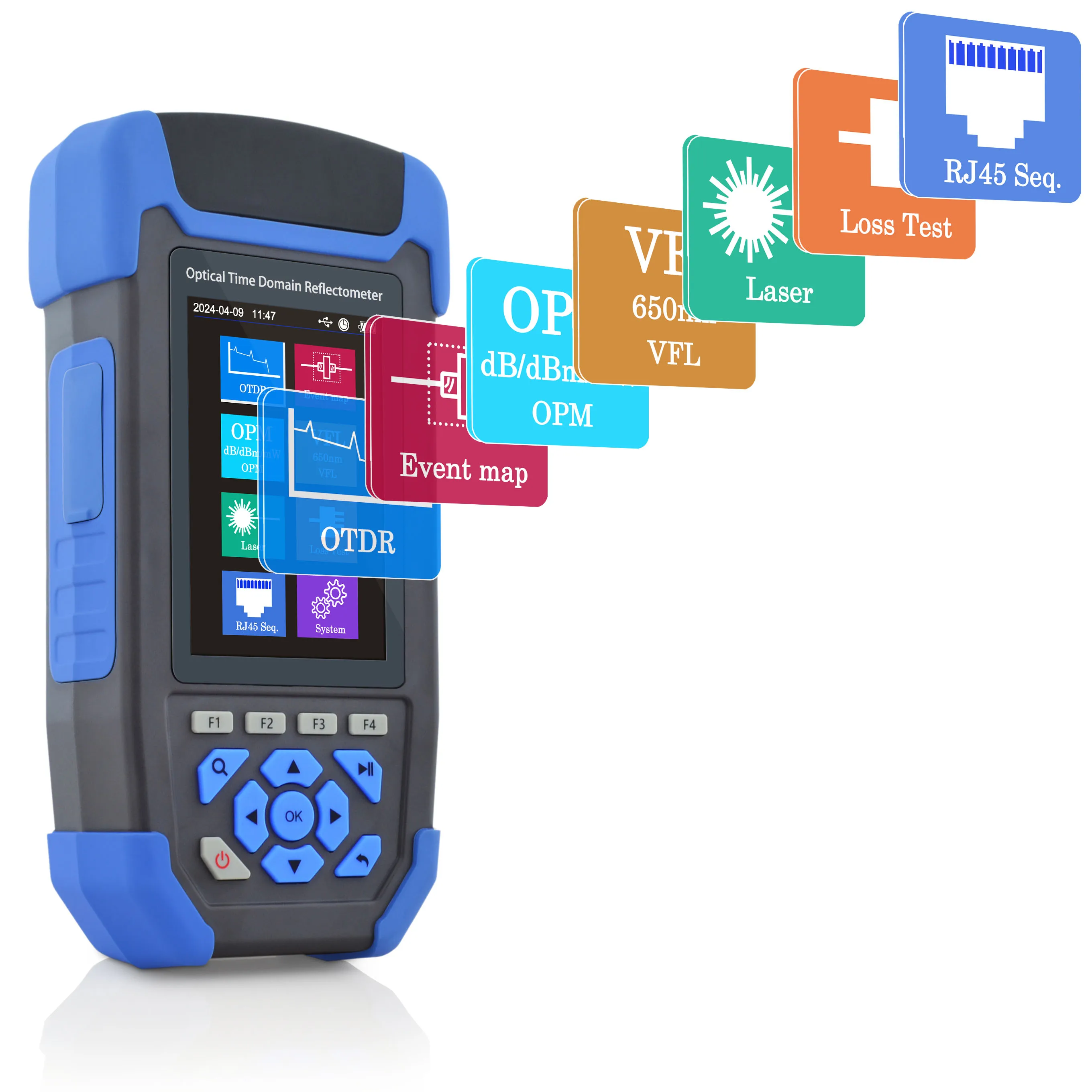 SKYSHL 1310nm/24dB+1550nm/22dB Mini OTDR con OPM+OLS+VFL+Mapa de Eventos+Prueba de Pérdida+Probador RJ45+Rastreador de RJ45 SM Probador de Fibra Compatible con SC+FC+ST+LC UPC&APC-SS303T-2A1