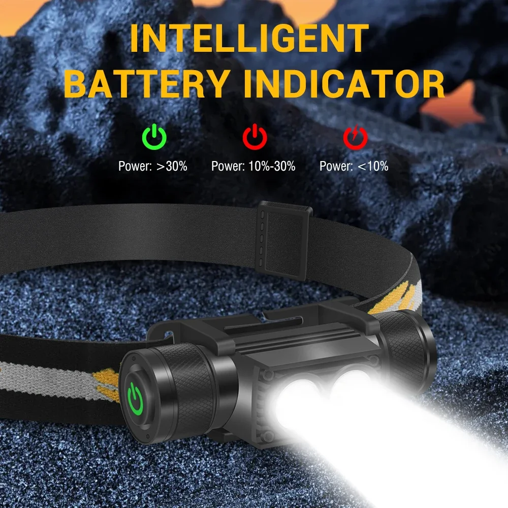 BORUiT D25 faro LED doble 2000LM potente faro tipo C recargable 18650 linterna de cabeza impermeable Camping pesca linterna