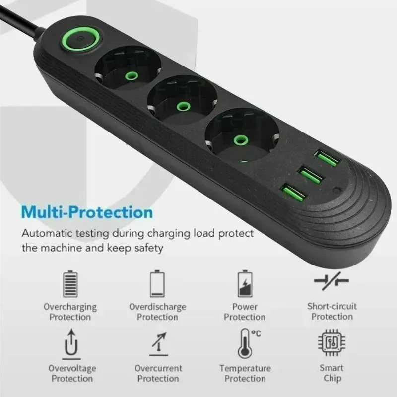 Spina UE 2500W 2M Cavo di prolunga Presa multipla Pin rotondo Presa CA Adattatore di ricarica elettrica Porte USB domestiche Presa di ricarica rapida