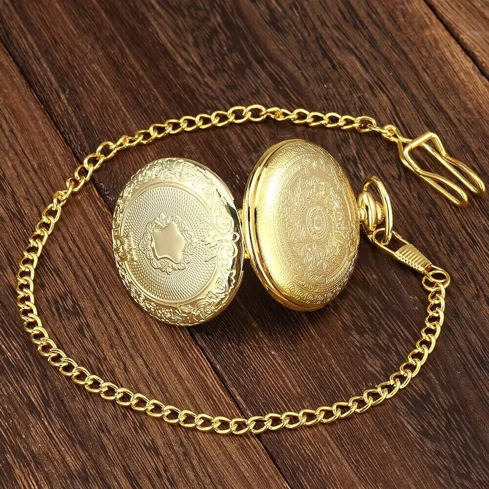 Reloj de bolsillo Vintage Steampunk con colgante de corona y escudo de ratán Floral tallado con cadena para regalo de hombre