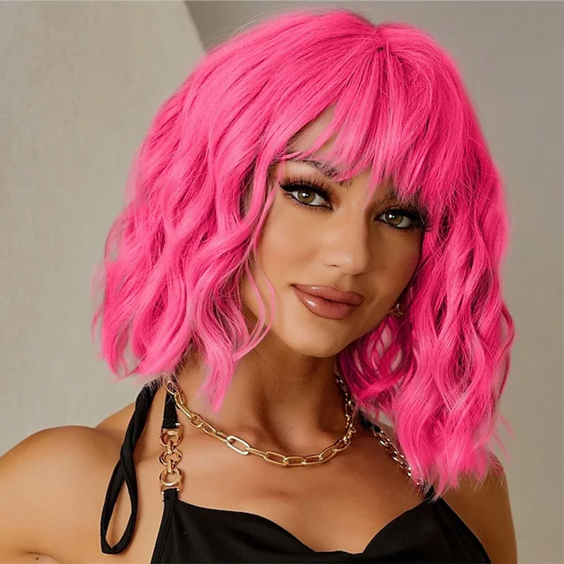HAIRJOY Kunsthaar Damen Rosa BOB Perücken Kurze lockige hitzebeständige Partyperücke