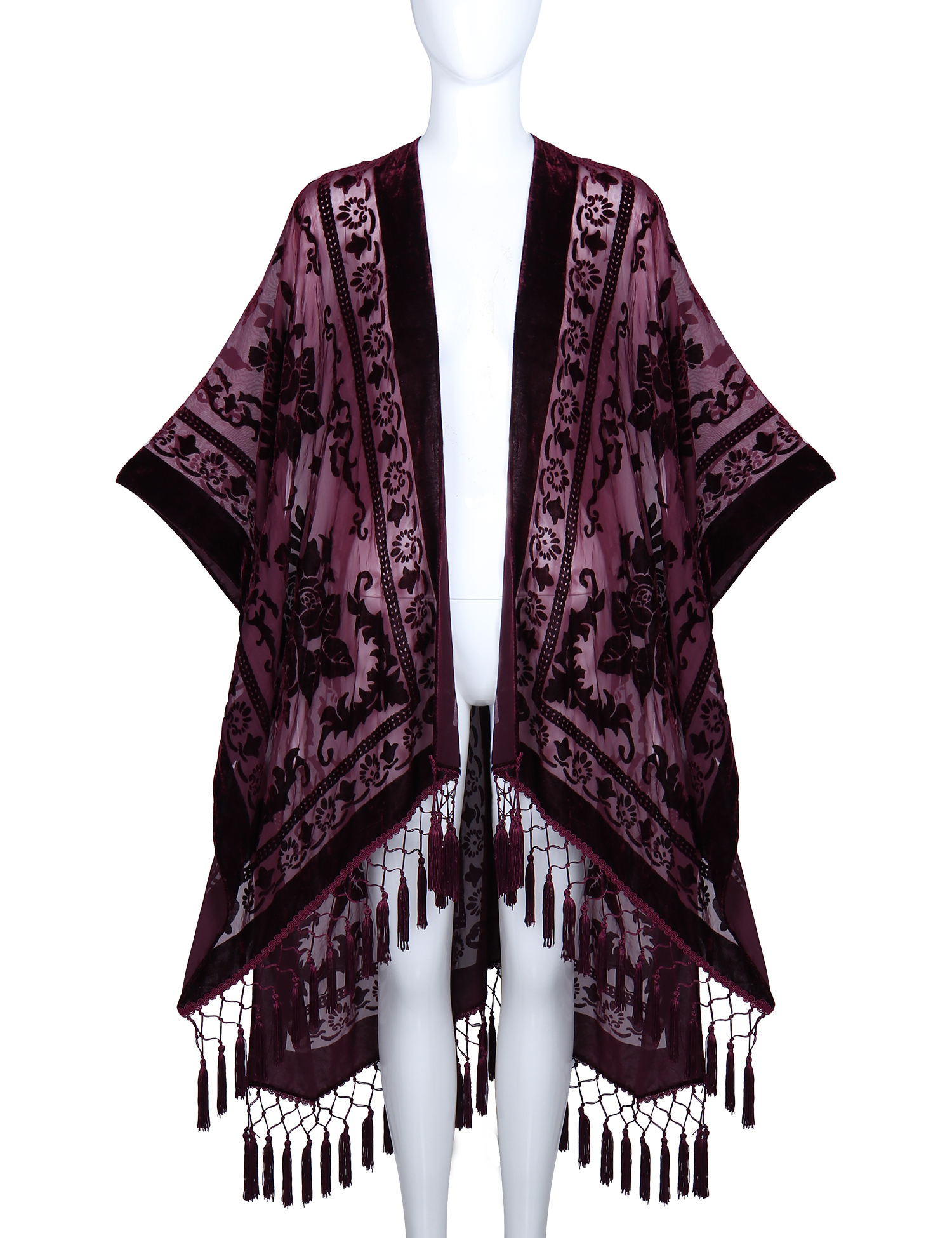 WeHello Boêmio queimado de pelúcia quimono feminino longo roxo borla praia cover-up férias casual cardigan xale JYPF-20