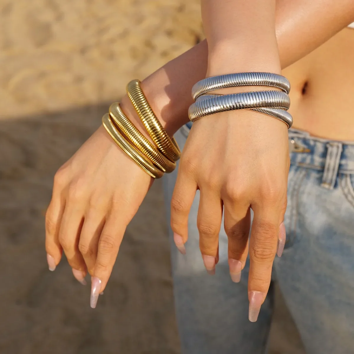 Brazalete de cadena de serpiente flexible con textura de acero inoxidable, pulsera ancha chapada en oro de 18k, joyería de moda, regalos para mujer