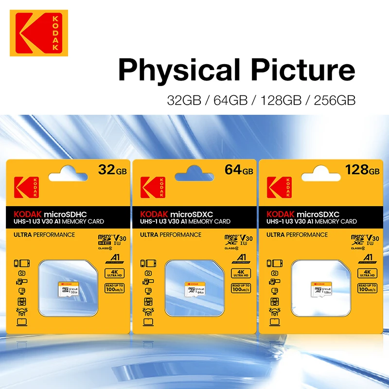 Carte mémoire d'origine KODAK 64 Go 128 Go 256 Go U3 4K Micro SD 32 Go SDHC UHS-I C10 A1 V30 TF SancFlash Microsd