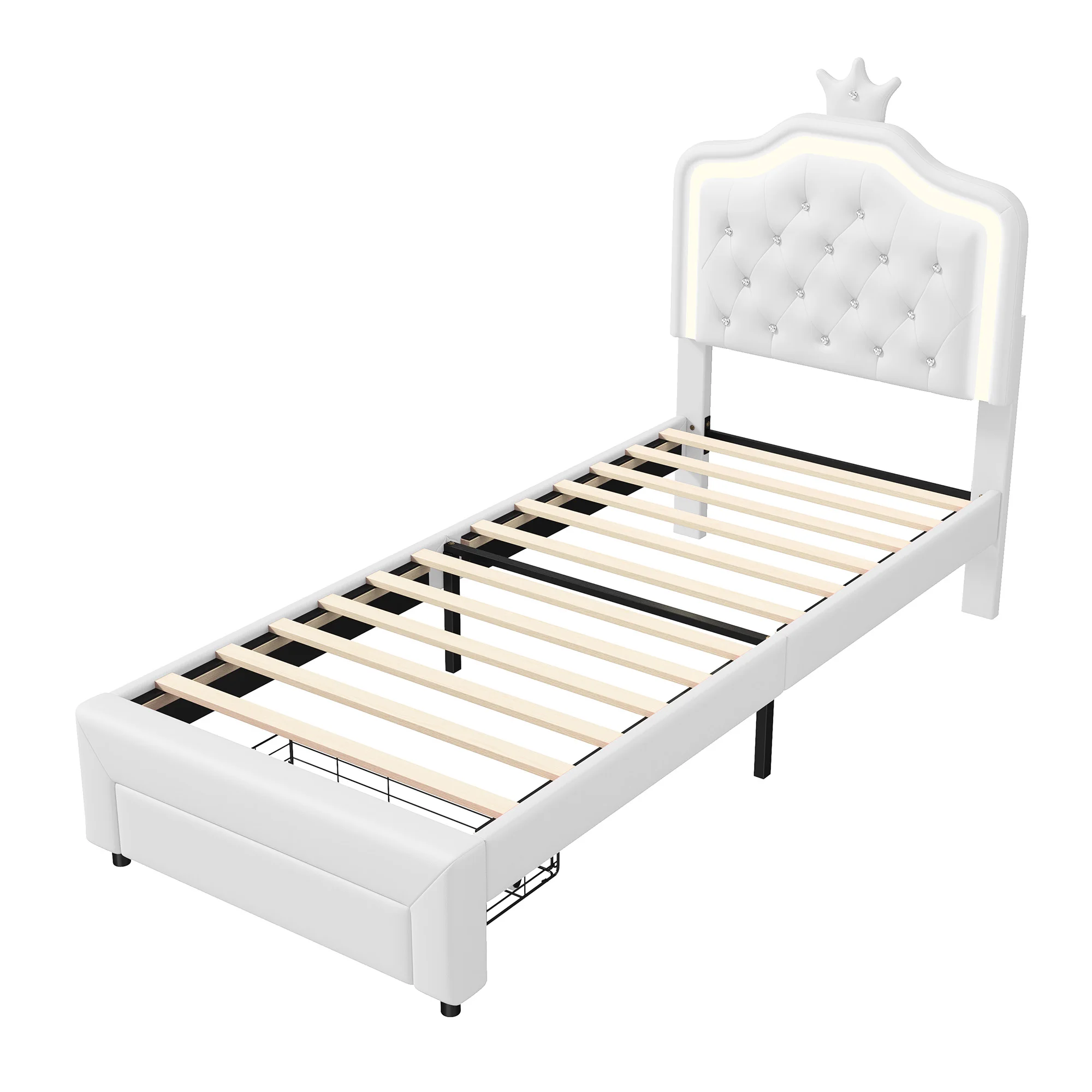 Cama infantil com gaveta e luz, cabeceira de PU Crown Design, cama de solteiro, mobília do quarto, sem colchão, 90x200cm