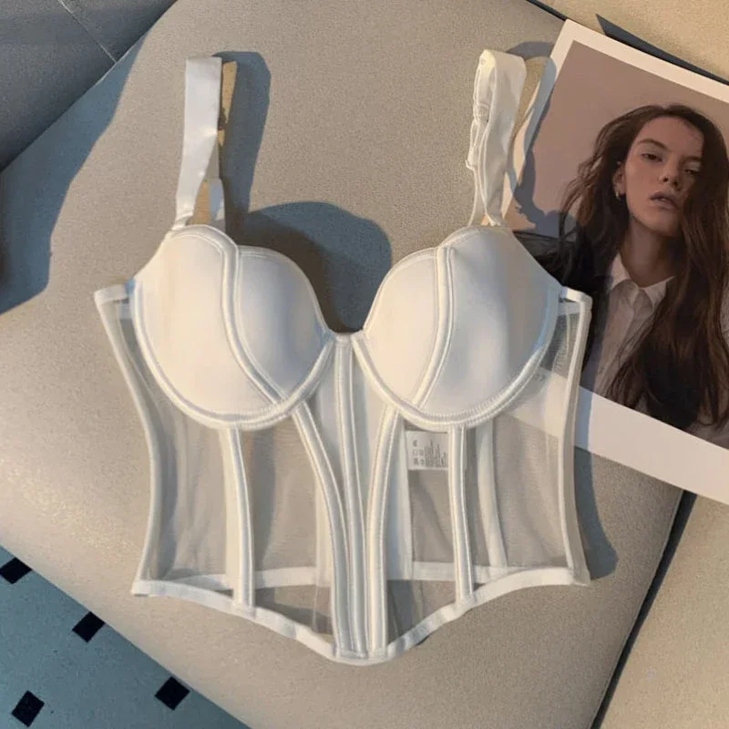 Women's Evening CorsetChic Mesh Fishbone Camisole Inner Wear Outer Wear Corset Crop Top Waist-Tight Sexy Bra White Gopia