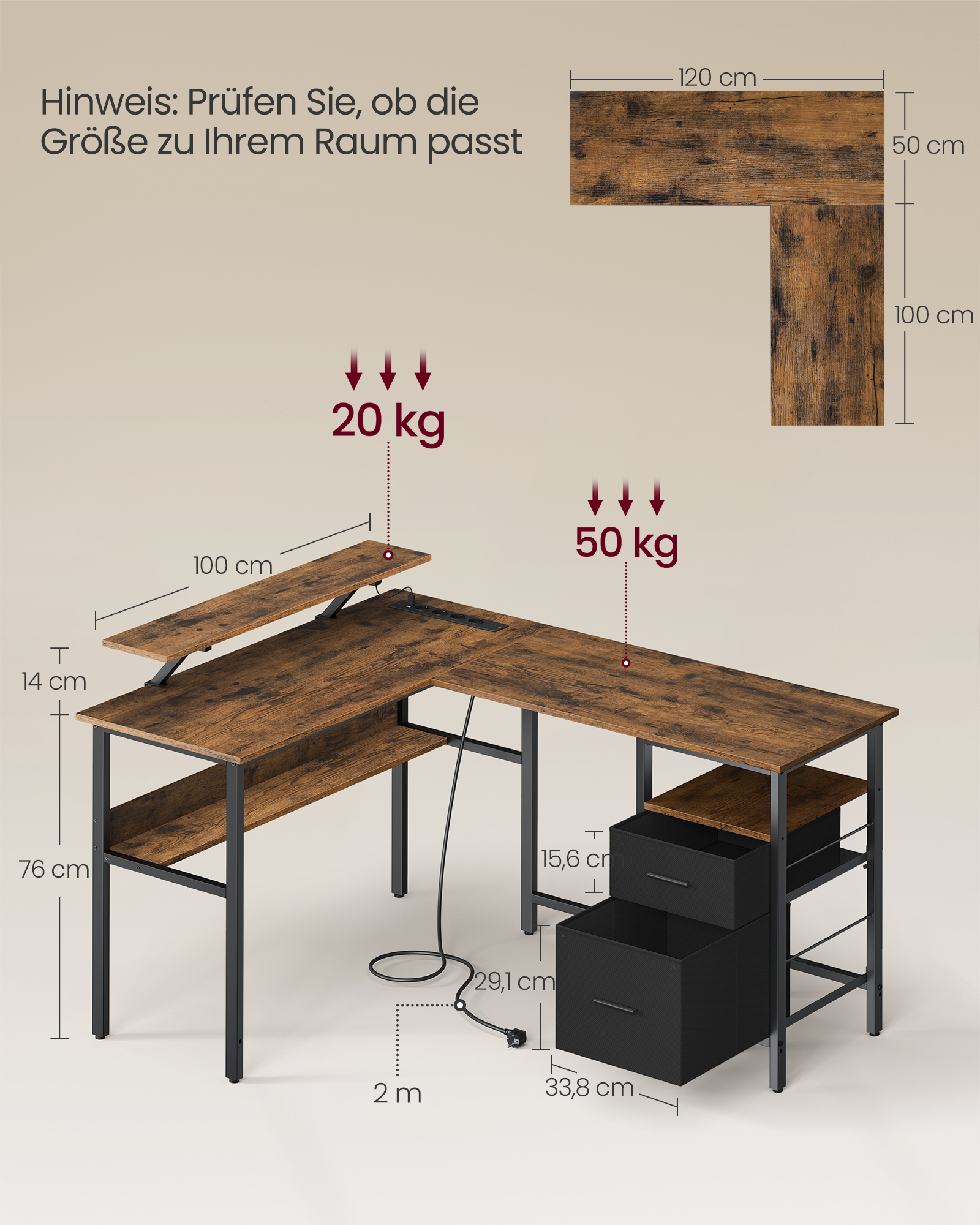 VASAGLE L-förmiger Schreibtisch mit Steckdosen, Eckschreibtisch, Computertisch, Monitorständer, Gaming-Tisch, LED-Beleuchtung