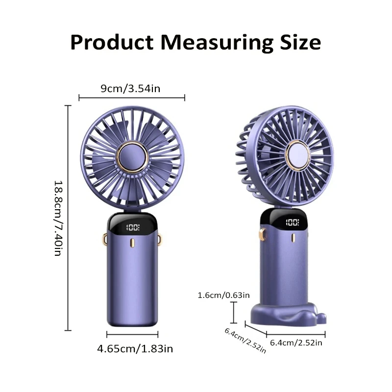 Mini ventilador portátil dobrável para pendurar no pescoço, ventilador recarregável usb de 5 velocidades com suporte para telefone e tela de exibição 1800mah