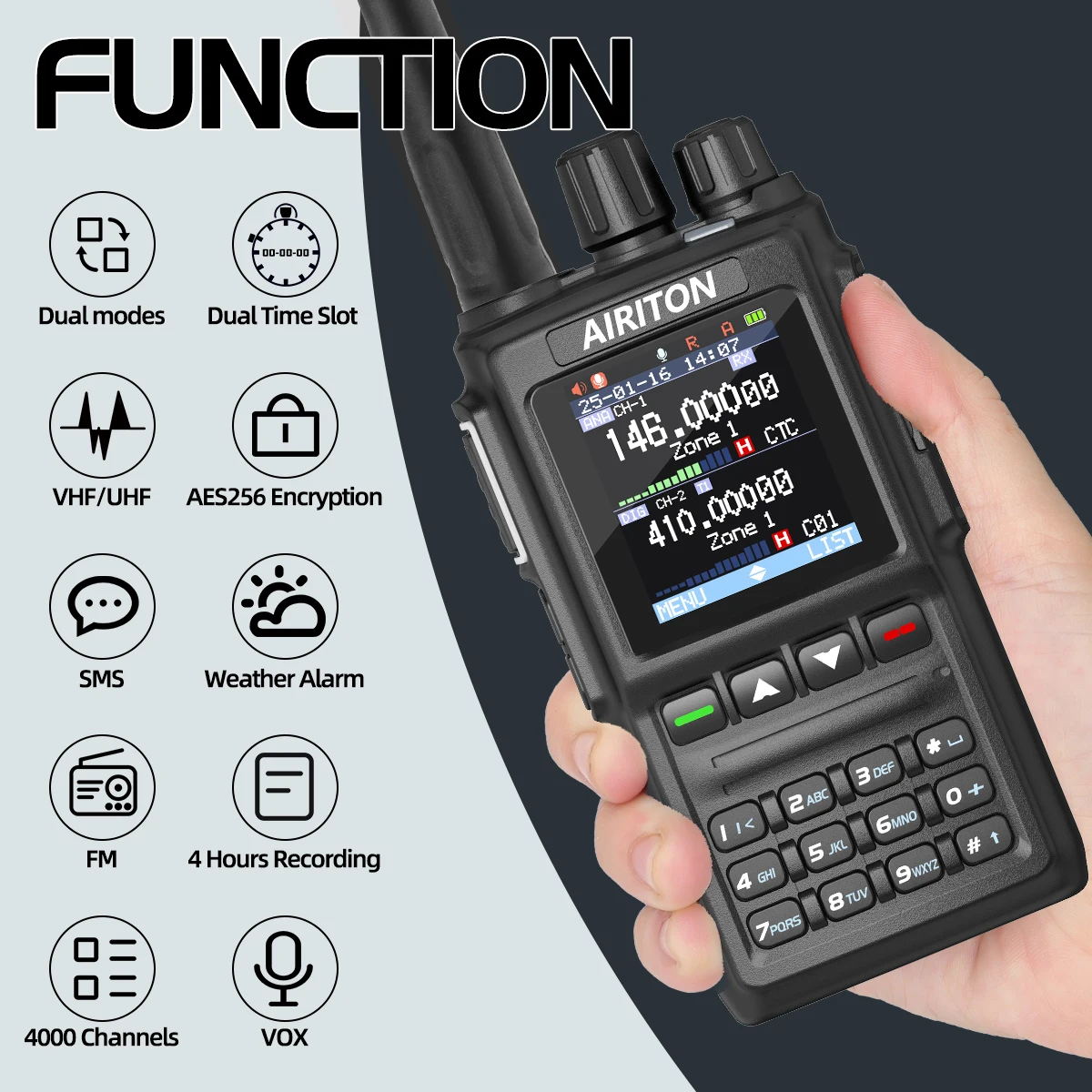 Airiton DM-168 DMR Digitales Walkie-Talkie, leistungsstarker SMS-Dual-Modus, analog, AES256, verschlüsselter Typ C für Anytone AT-D168UV Amateurfunk