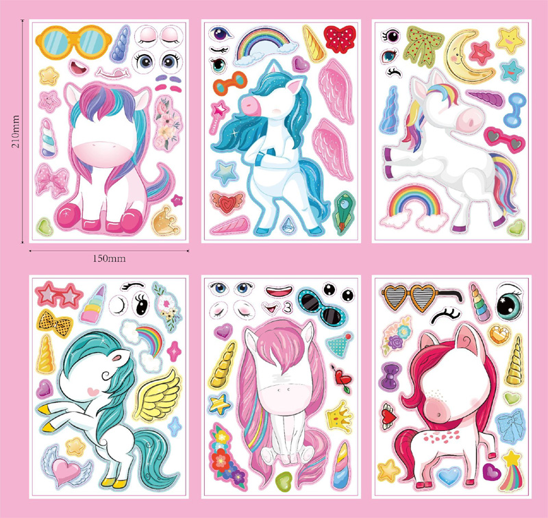 6 แผ่น/ชุดการ์ตูนยูนิคอร์น Make A Face ประกอบ DIY สติกเกอร์เด็ก Handmade Creative Kawaii สติกเกอร์ตกแต่ง